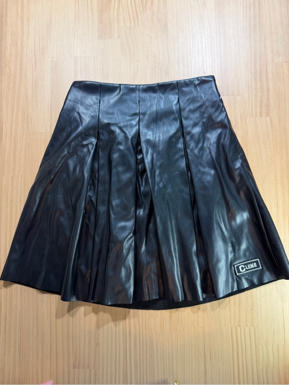 Celine Black Faux Leather Circle Skirt with Pleats B7